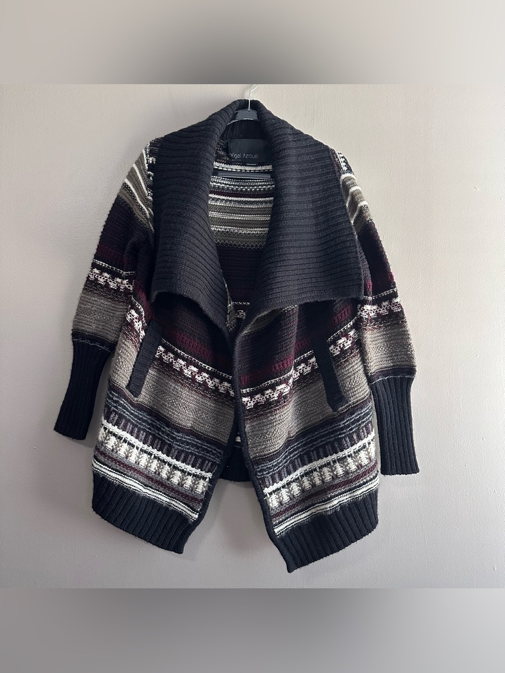 Yigal Azrouel 100% Wool Chunky Knit Fair Isle Open Front Cardigan Womens Medium